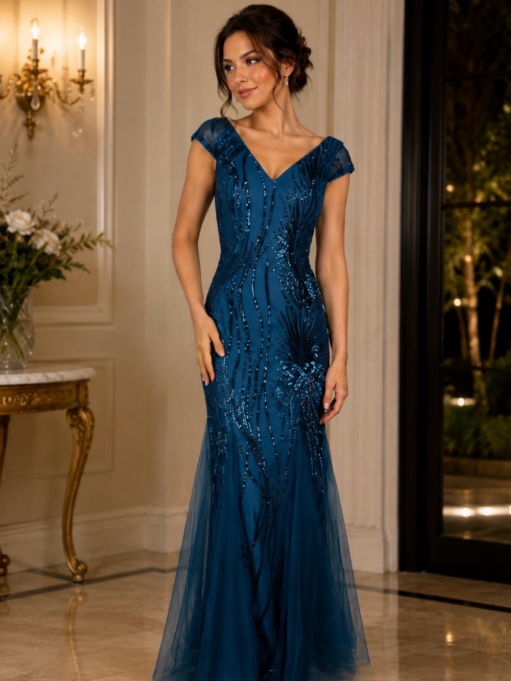XUIBOL Blue Sequin Formal Gown • V-Neck • Mermaid Tulle Hem • Size M